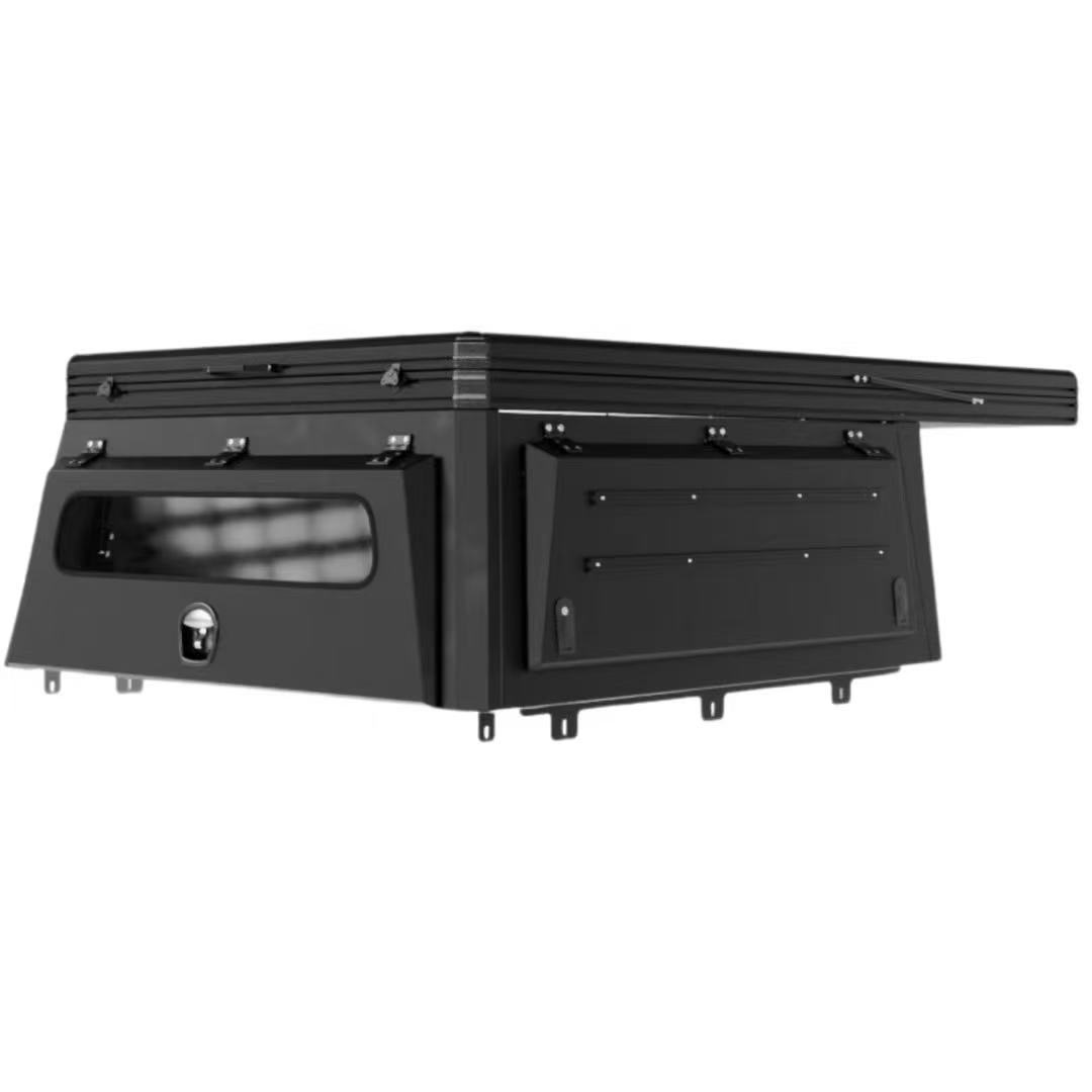 Pickup canopy with rooftop tent open in field use